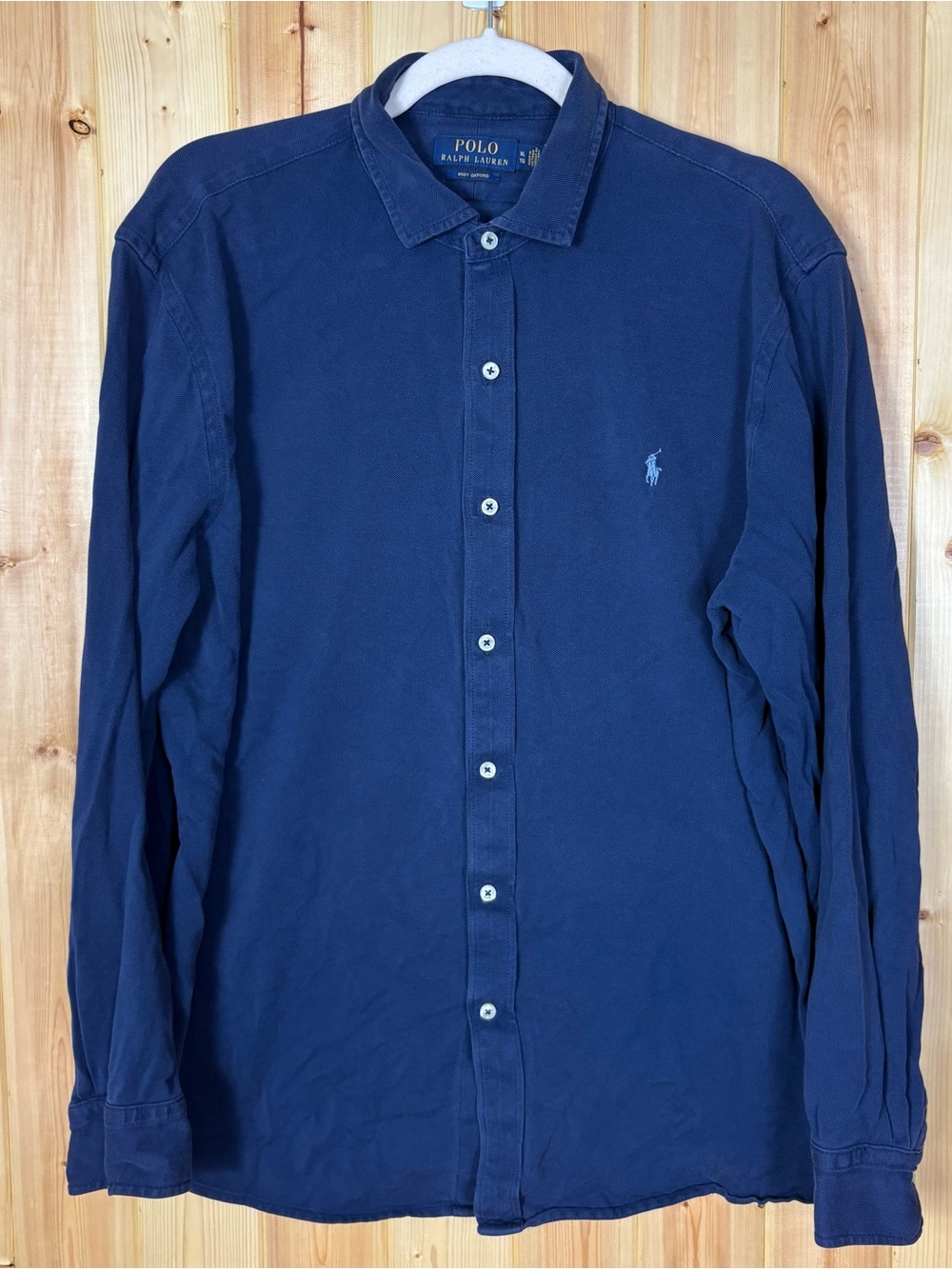 Polo Ralph Lauren Shirt Mens XL Navy Blue Long Sleeve Button Front Knit Oxford